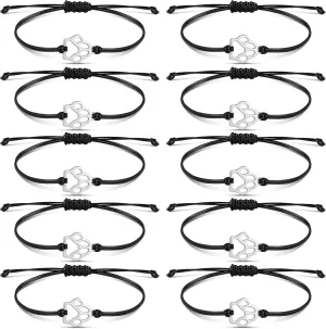 10 Pcs Paw Print Bracelet Bulk Vet Tech Gift for Women Men Handmade Adjustable String Stainless Steel Dog Cat Party Favor