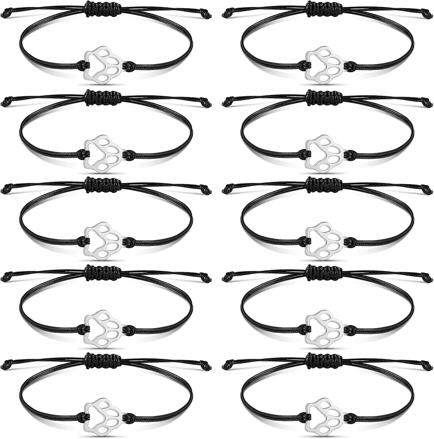 10 Pcs Paw Print Bracelet Bulk Vet Tech Gift for Women Men Handmade Adjustable String Stainless Steel Dog Cat Party Favor