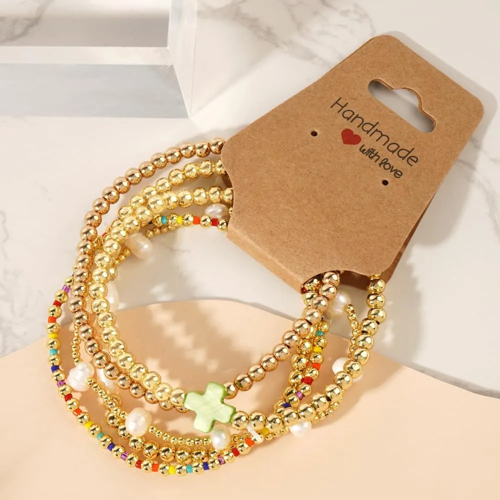 14K Gold Plated Pearl Beaded Cross Bracelets Stack Set for Women,Stretch Boho Colorful Christian Beads Ball Jewelry Friendship Summer Trendy Gift