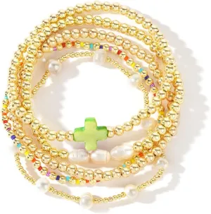 14K Gold Plated Pearl Beaded Cross Bracelets Stack Set for Women,Stretch Boho Colorful Christian Beads Ball Jewelry Friendship Summer Trendy Gift