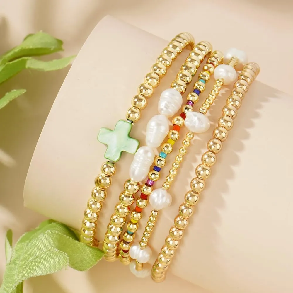 14K Gold Plated Pearl Beaded Cross Bracelets Stack Set for Women,Stretch Boho Colorful Christian Beads Ball Jewelry Friendship Summer Trendy Gift