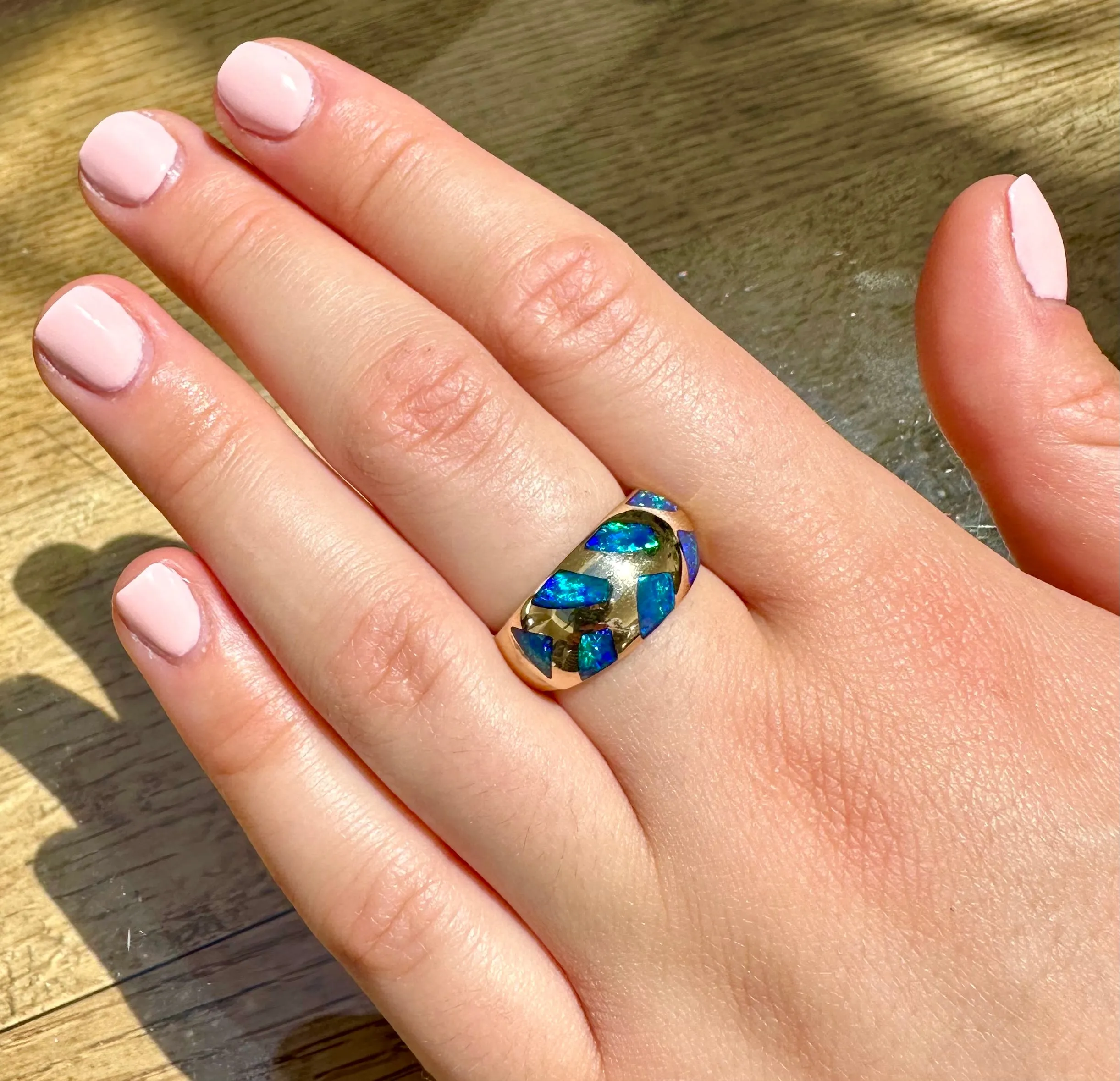 14k yellow gold Australian gem opal Inlay ring.