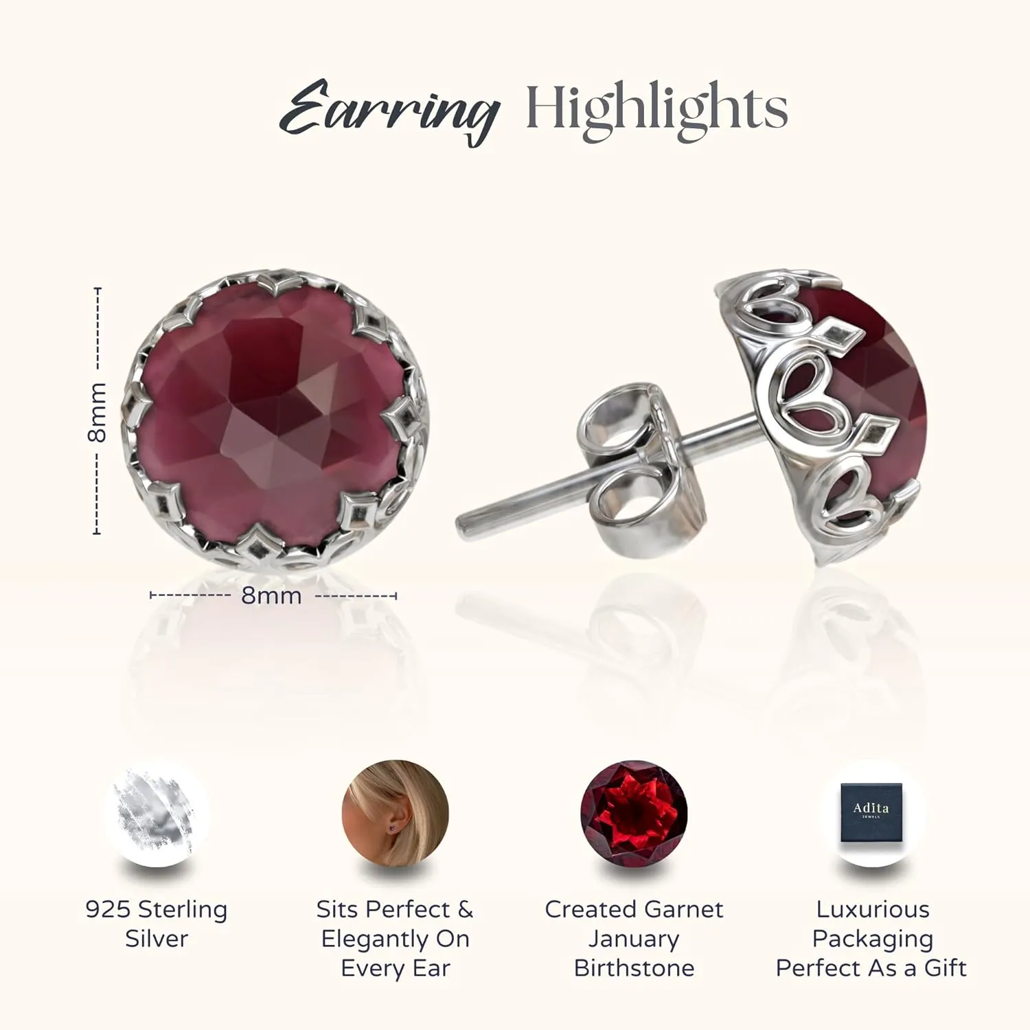 925 Sterling Silver Garnet Studs Earrings for Women - Sterling Silver Earrings Studs - January Birthstone Earrings - Garnet Earrings for Women - Minimalist Earrings for Women