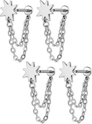 AoedeJ 2 Pairs Flat Back Stud Earrings Push In Flat Back Earrings for Cartilage Earring Moon Star Square Round Chain Threadless Flat Back Earrings for Women