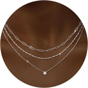 CHESKY Layered Silver Necklaces for Women Trendy,Streling Silver Dainty Stackable Charm Necklace for Womens Layering Paperclip Tennis Rope Chain Diamond Pendant Necklaces Jewelry Set for Women Gifts