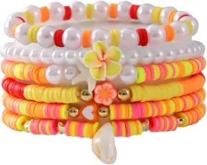 COLORFUL BLING Heishi Surfer Beaded Stretch Bracelets Set for Women Layered Stackable Clay Beads Flowers Bracelets Friendship Boho Summer Beach Hawaiian Jewelry