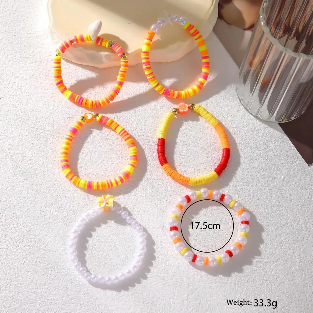 COLORFUL BLING Heishi Surfer Beaded Stretch Bracelets Set for Women Layered Stackable Clay Beads Flowers Bracelets Friendship Boho Summer Beach Hawaiian Jewelry