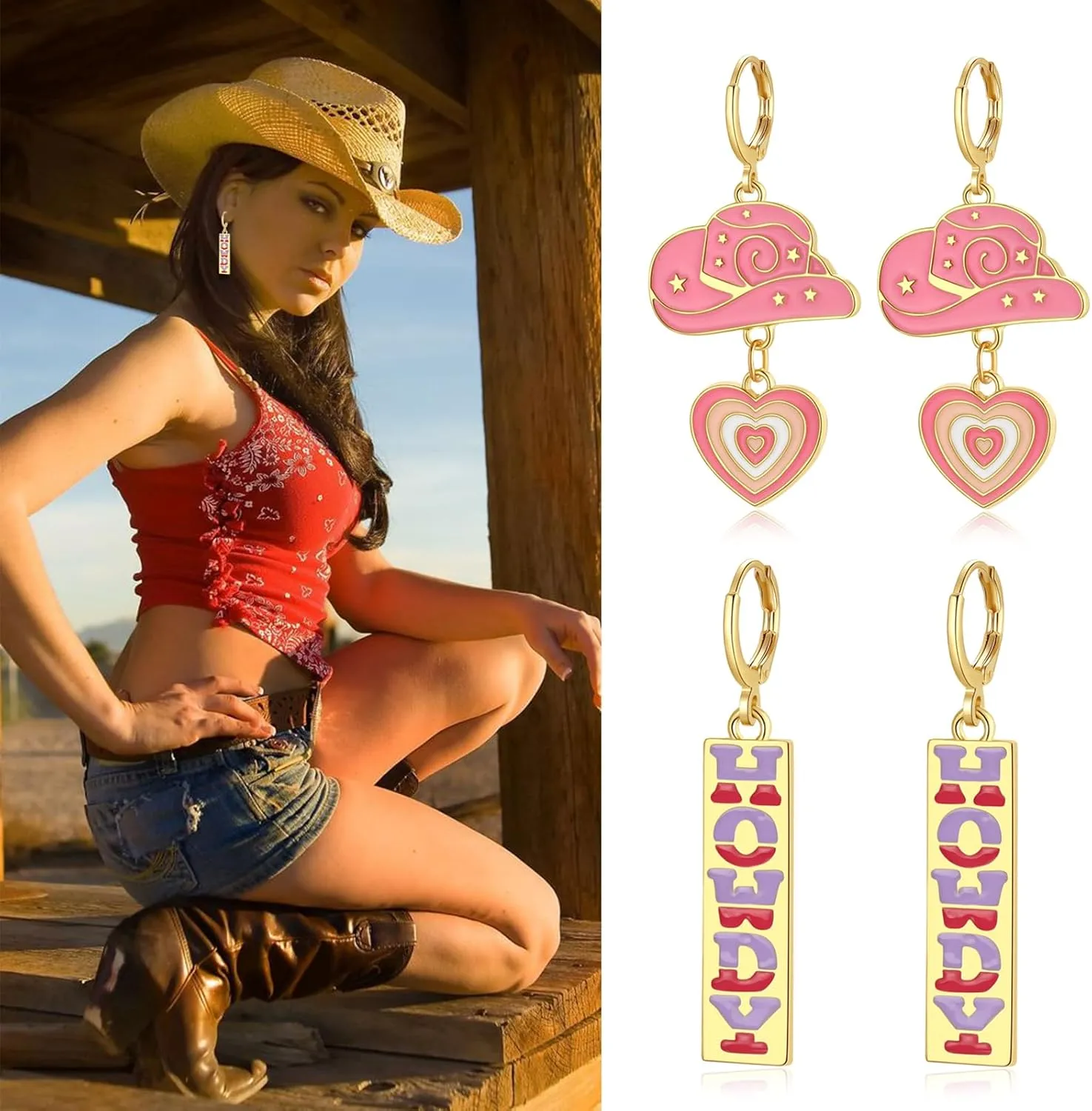 Cowgirl Earrings,9 Pairs Cowboy Boot Earrings,Western Cowgirl Boot Hat Dangle Earrings Gift