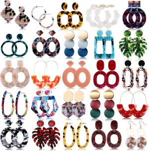 FIFATA 25 Pairs Acrylic Resin Statement Earrings Set for Women Mottled Hoop Fashion Drop Dangle Jewelry Hypoallergenic for Sensitive Ears