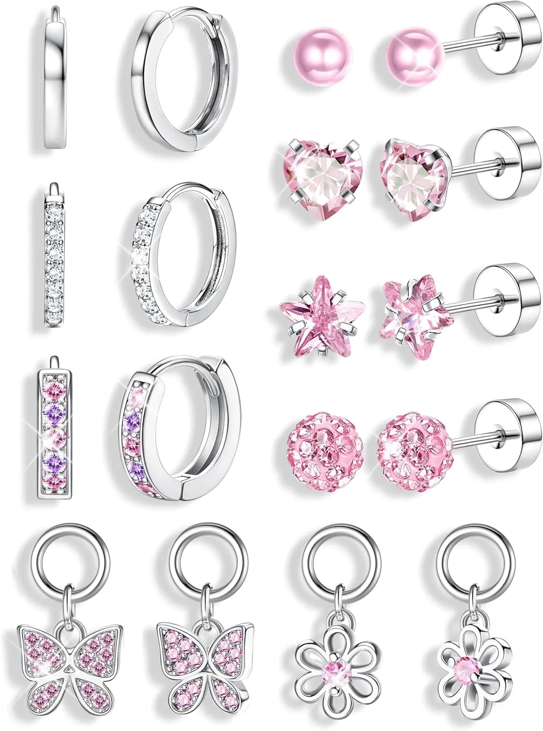 Florideco Hypoallergenic Earrings for Girls Women Surgical Stainless Steel Screw Back Stud Earrings for Girls Sensitive Ears Hoop Earrings Set Kids Earrings Toddler Earring Over 4 Years Old