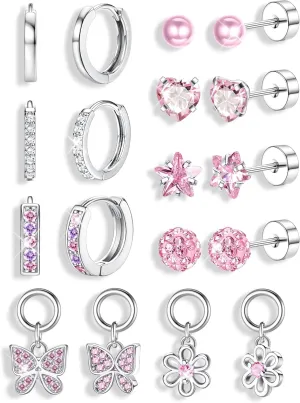 Florideco Hypoallergenic Earrings for Girls Women Surgical Stainless Steel Screw Back Stud Earrings for Girls Sensitive Ears Hoop Earrings Set Kids Earrings Toddler Earring Over 4 Years Old