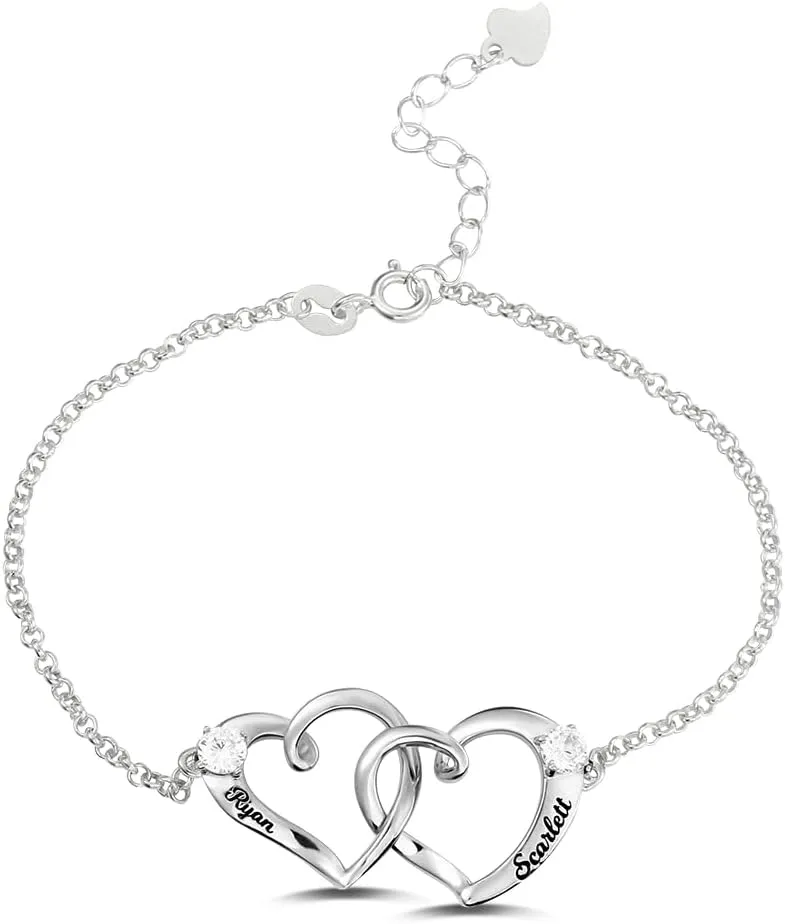 Getname Necklace Sterling Silver Bracelet for Women Friendship Bracelets Custom 2 Name Bracelet Personalized 2 Birthstone Double Heart Bracelets for Women Two Hearts Bracelet