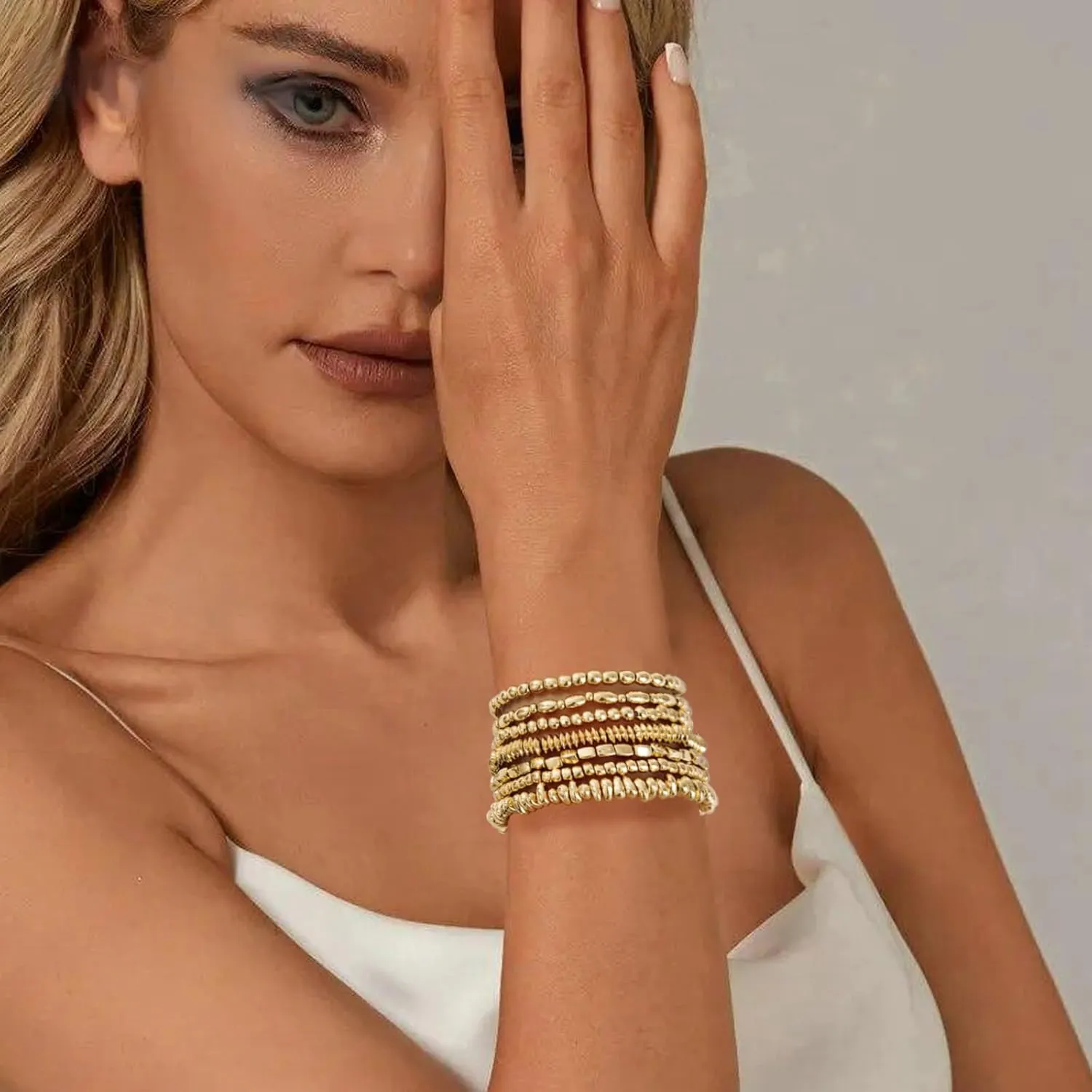 Gold Beaded Bracelets for Women Trendy, 14K Gold Plated Stack Cross Pearl Gold Bead Stretch Bracelets Set Elastic Hypoallergenic Bracelets Jewelry Gifts