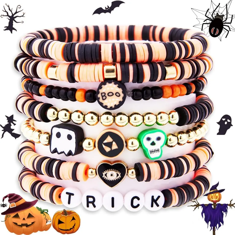 HexaHive 7 Pcs Halloween Bracelets Set Heishi Friendship Clay Preppy Boo Skull Charm Bracelet Stack Bead Surfer Stretch Beach Bulk Jewelry for Women Gifts Accessories Party