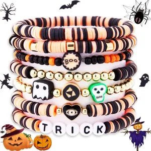 HexaHive 7 Pcs Halloween Bracelets Set Heishi Friendship Clay Preppy Boo Skull Charm Bracelet Stack Bead Surfer Stretch Beach Bulk Jewelry for Women Gifts Accessories Party
