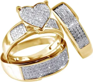 His Hers Couples Rings Round Cubic Zirconia Men & Women Heart Shape Wedding Ring Set Yellow Gold Plated