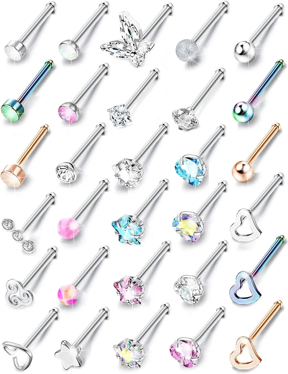 Jstyle Hypoallergenic Nose Rings 30Pcs 18G 20G Surgical Stainless Steel Nose Ring Studs Heart Opal CZ Straight L Shaped Screw Nose Rings Labret Nose Piercing Jewelry for Women Men