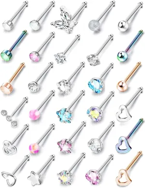 Jstyle Hypoallergenic Nose Rings 30Pcs 18G 20G Surgical Stainless Steel Nose Ring Studs Heart Opal CZ Straight L Shaped Screw Nose Rings Labret Nose Piercing Jewelry for Women Men