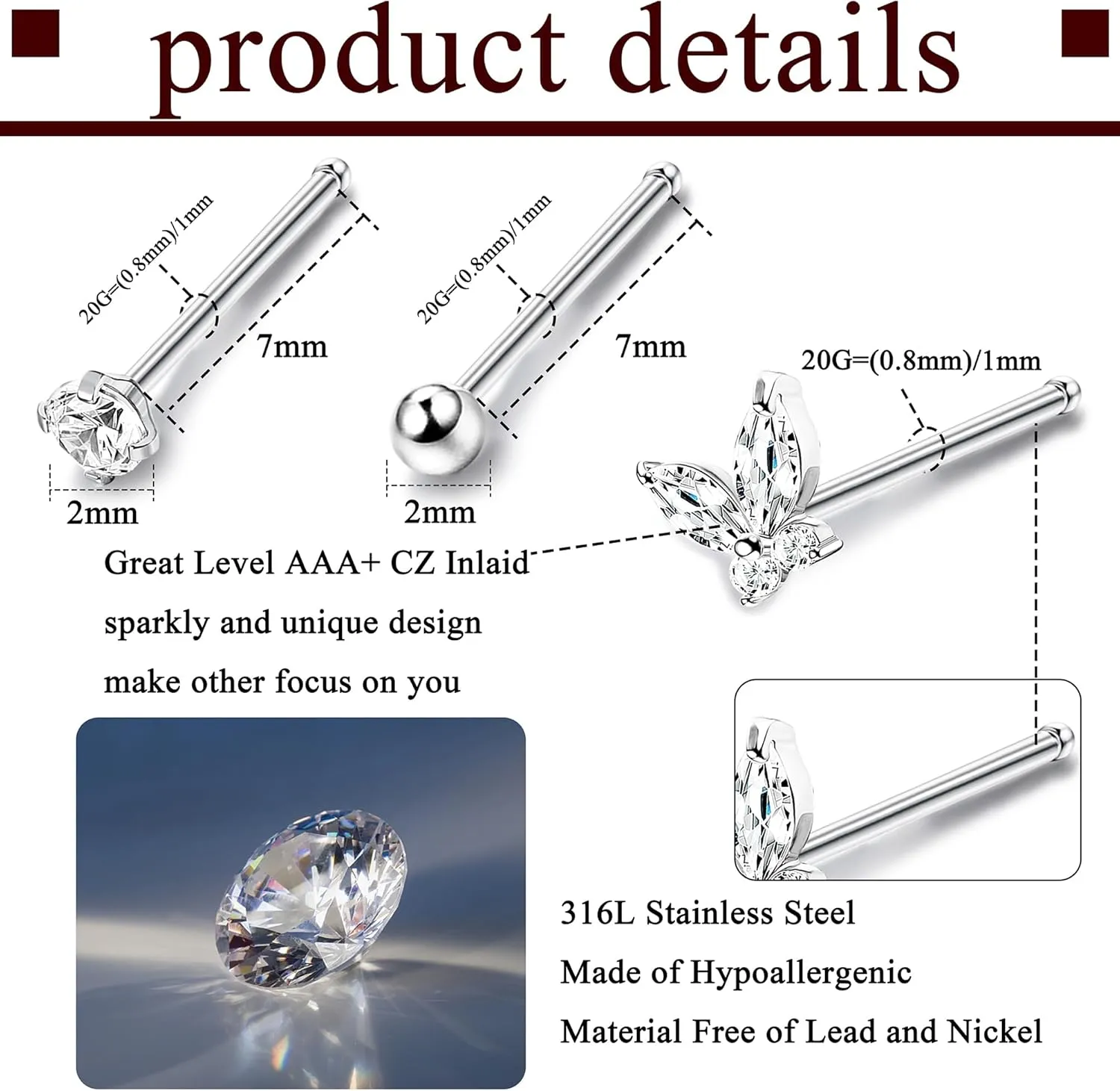 Jstyle Hypoallergenic Nose Rings 30Pcs 18G 20G Surgical Stainless Steel Nose Ring Studs Heart Opal CZ Straight L Shaped Screw Nose Rings Labret Nose Piercing Jewelry for Women Men