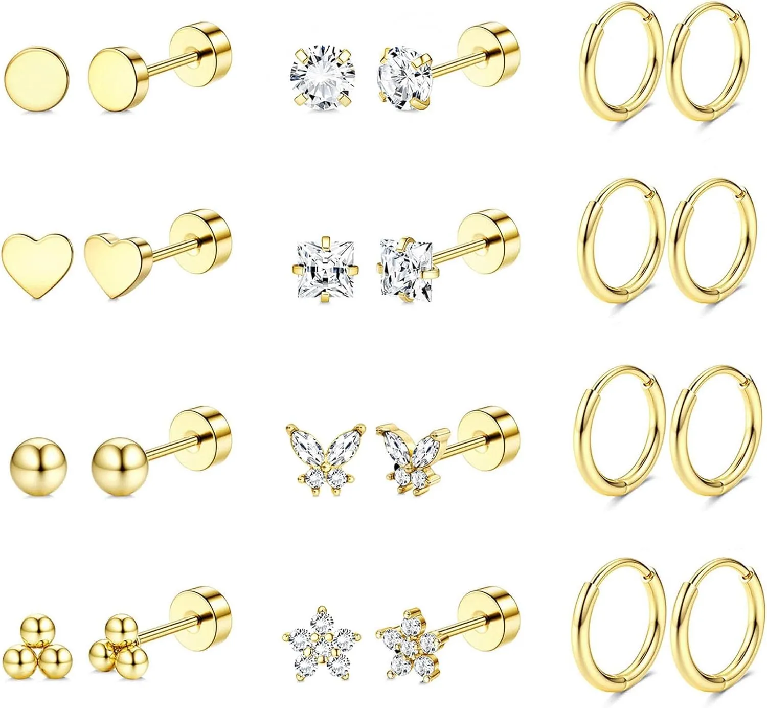 Jstyle Hypoallergenic Surgical Steel Earrings for Sensitive Ears 14K Gold Flat Back Earrings for Women Men Small Stainless Steel Earrings Flatback Stud Hoop Cartilage Earring Set for Multiple Piercing
