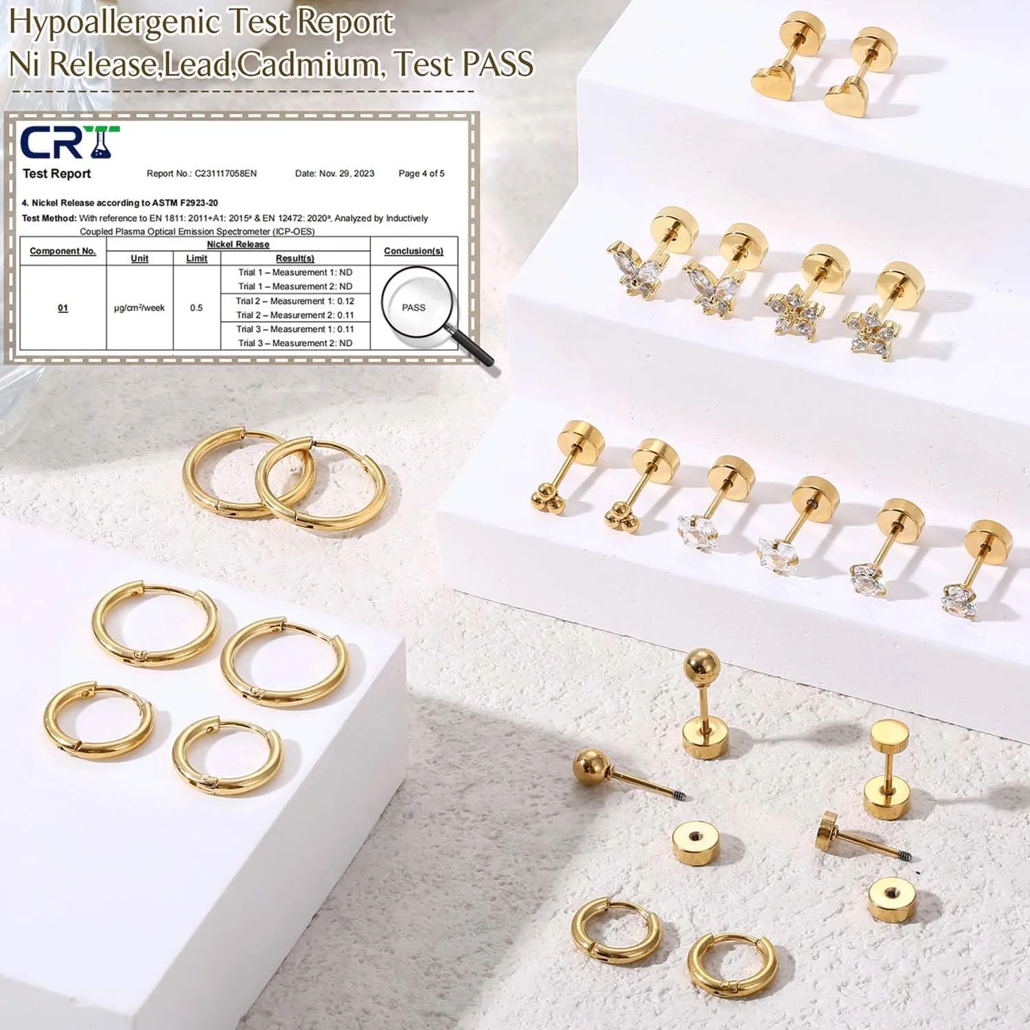 Jstyle Hypoallergenic Surgical Steel Earrings for Sensitive Ears 14K Gold Flat Back Earrings for Women Men Small Stainless Steel Earrings Flatback Stud Hoop Cartilage Earring Set for Multiple Piercing
