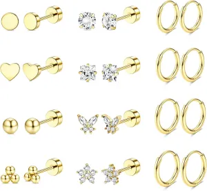 Jstyle Hypoallergenic Surgical Steel Earrings for Sensitive Ears 14K Gold Flat Back Earrings for Women Men Small Stainless Steel Earrings Flatback Stud Hoop Cartilage Earring Set for Multiple Piercing