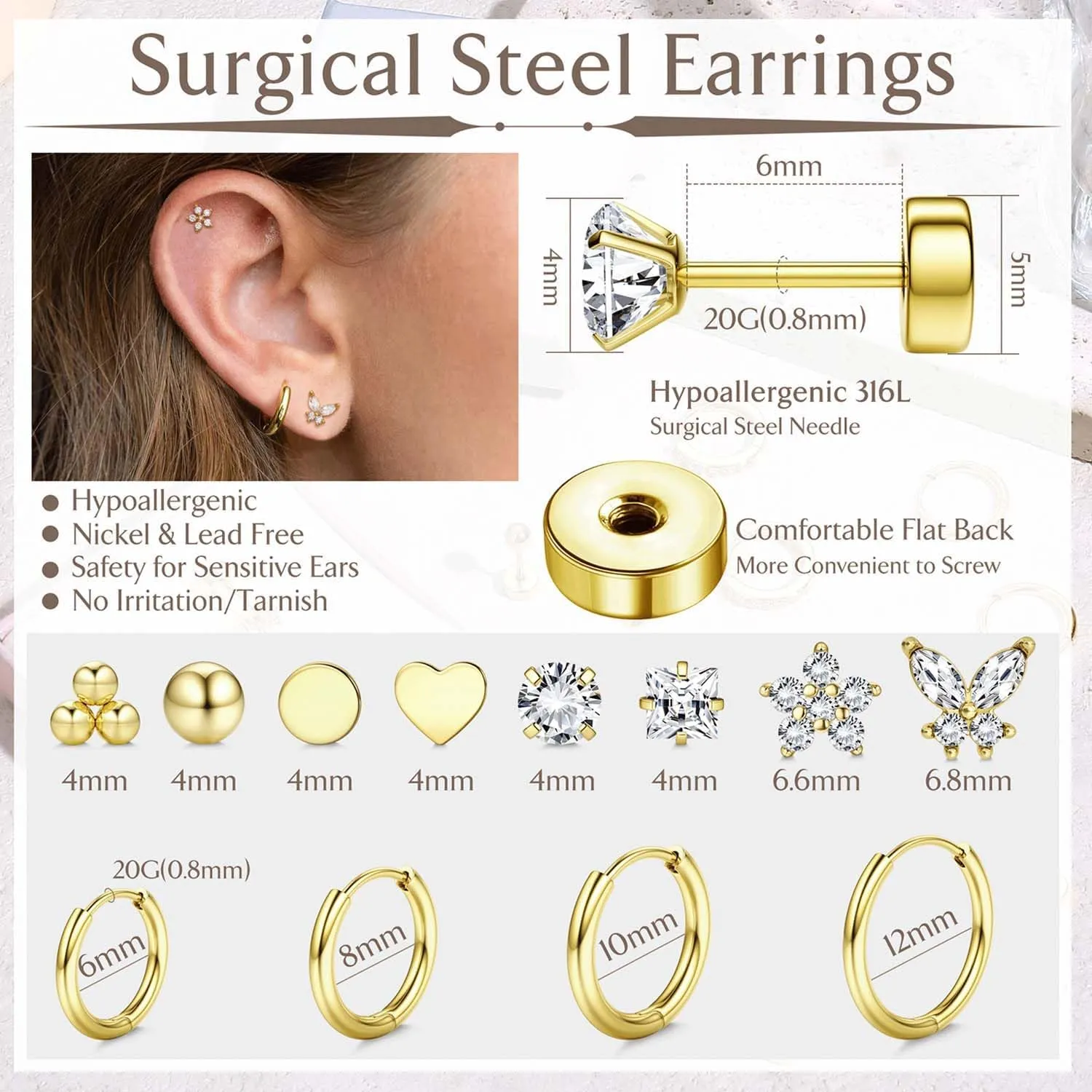 Jstyle Hypoallergenic Surgical Steel Earrings for Sensitive Ears 14K Gold Flat Back Earrings for Women Men Small Stainless Steel Earrings Flatback Stud Hoop Cartilage Earring Set for Multiple Piercing