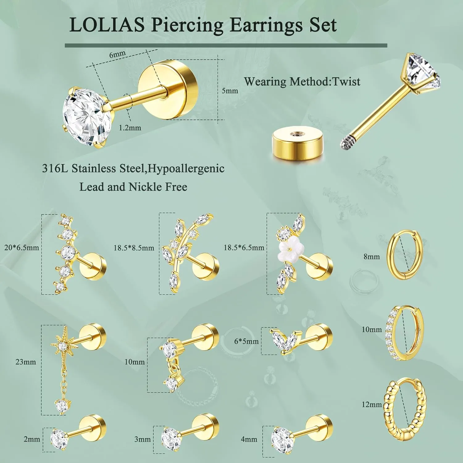 LOLIAS 16 Gauge Cartilage Earrings for Women Flat Back-Hypoallergenic Surgical Stainless Steel Stud Hoop Cartilage Earring Set Daith Conch Tragus Helix Piercing Jewelry Single PC
