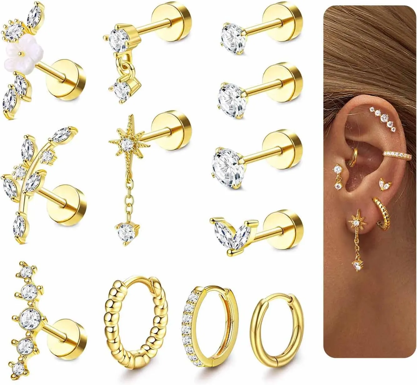 LOLIAS 16 Gauge Cartilage Earrings for Women Flat Back-Hypoallergenic Surgical Stainless Steel Stud Hoop Cartilage Earring Set Daith Conch Tragus Helix Piercing Jewelry Single PC