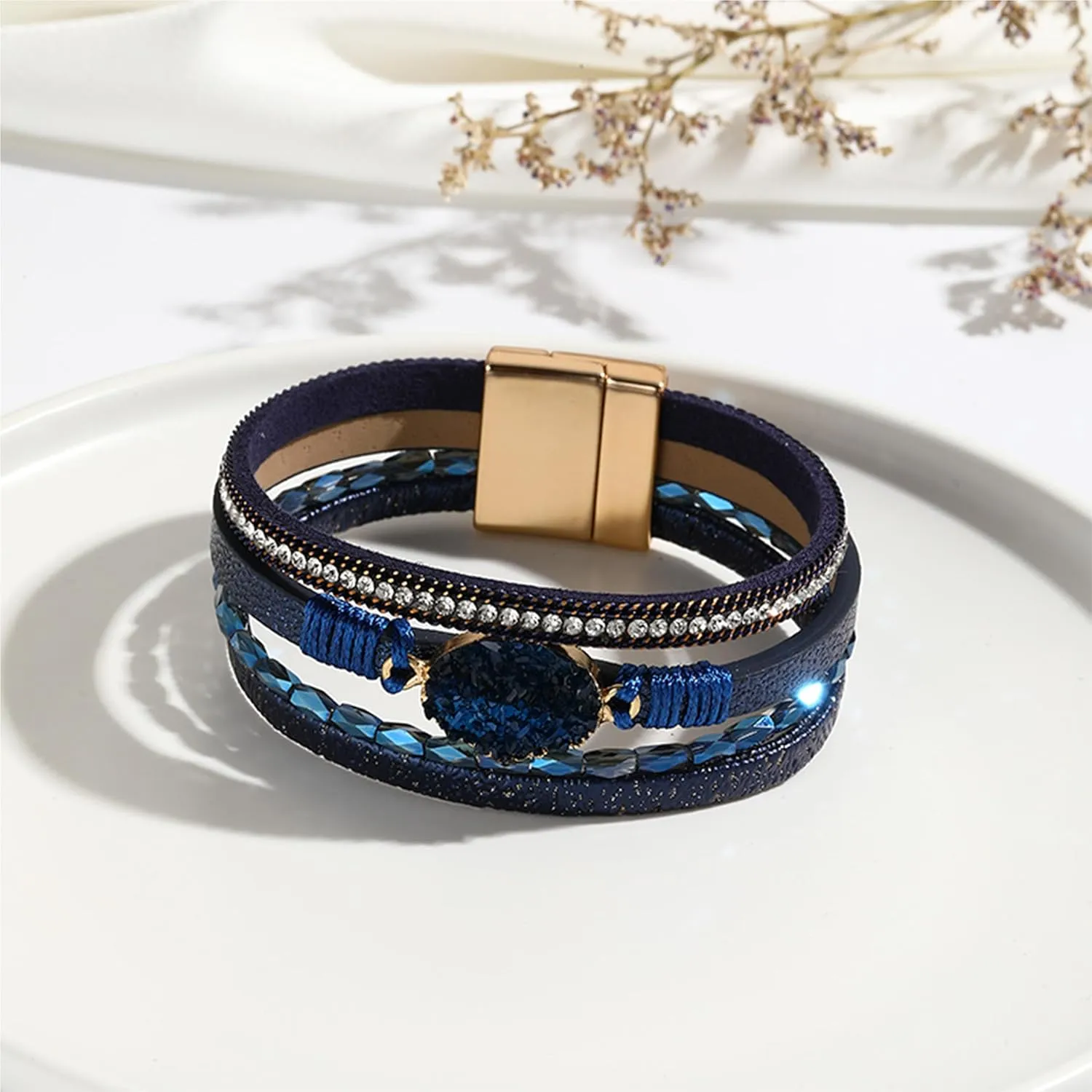 Long tiantian Boho Bracelets for Women Leather Wrap Bracelets Trendy Multi-Layer Pearl Crystal Bracelet Weastrn Jewelry Outfit Gifts