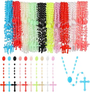 Meooeck 100 Pack Cross Necklaces Bulk Rosary Beads for Church Welcome Gifts Present Plastic Cross Rosary Necklace Prayer Crossed Beads for Religious Homeless Gift Party Favor, 13 Inch