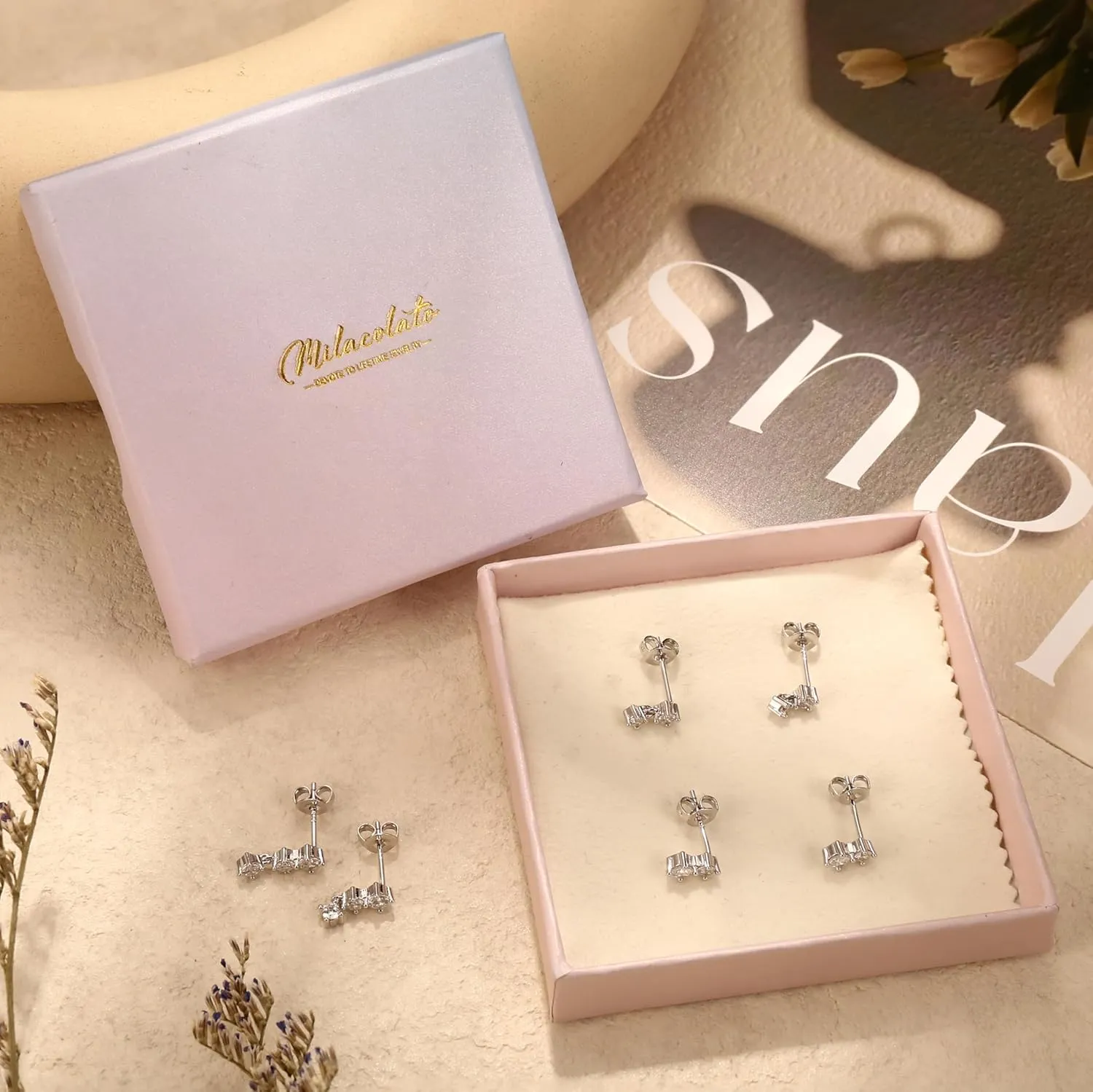 MILACOLATO 3 Pairs 925 Sterling Silver Earrings for Women, Dainty 14K Gold Plated Huggie Hoop Earrings Sets for Multiple Piercing, Hypoallergenic Cartilage Stud Hoop Earrings Stacks Trendy Jewelry Gifts for Women Mother