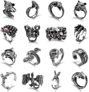 ORAZIO 16Pcs Gothic Open Rings Set for Men Women Punk Adjustable Snake Dragon Claw Animal Rings Vintage Goth Skull Rings Indie Aesthetic