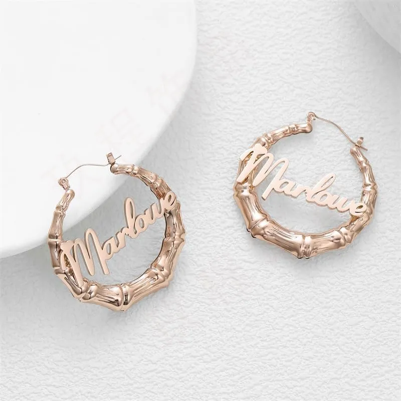 Personalized Bamboo Earrings for Women Custom Name Earrings, Hip Hop Unique Memorial Jewelry Christmas Gifts for Women