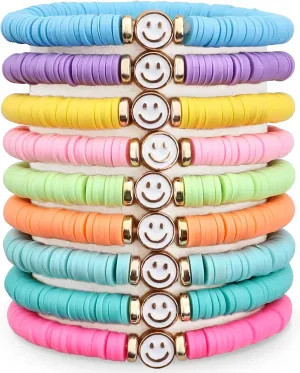Preppy Bracelets for Teen Girl, Party Favors for Kids 8-12, Beaded Clay Stretch Smile Face Friendship Bracelets, Cute Birthday Party Favors for Tweens