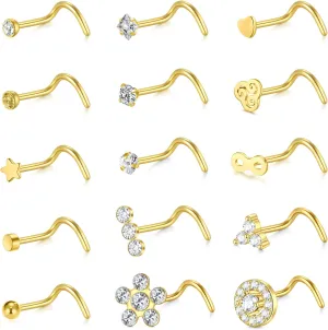 QWALIT Nose Studs & Rings - 18g & 20g Surgical Steel Nose Piercing Studs - Small, Threadless, L-Shaped - 18 & 20 Gauge - Silver, Gold, Black