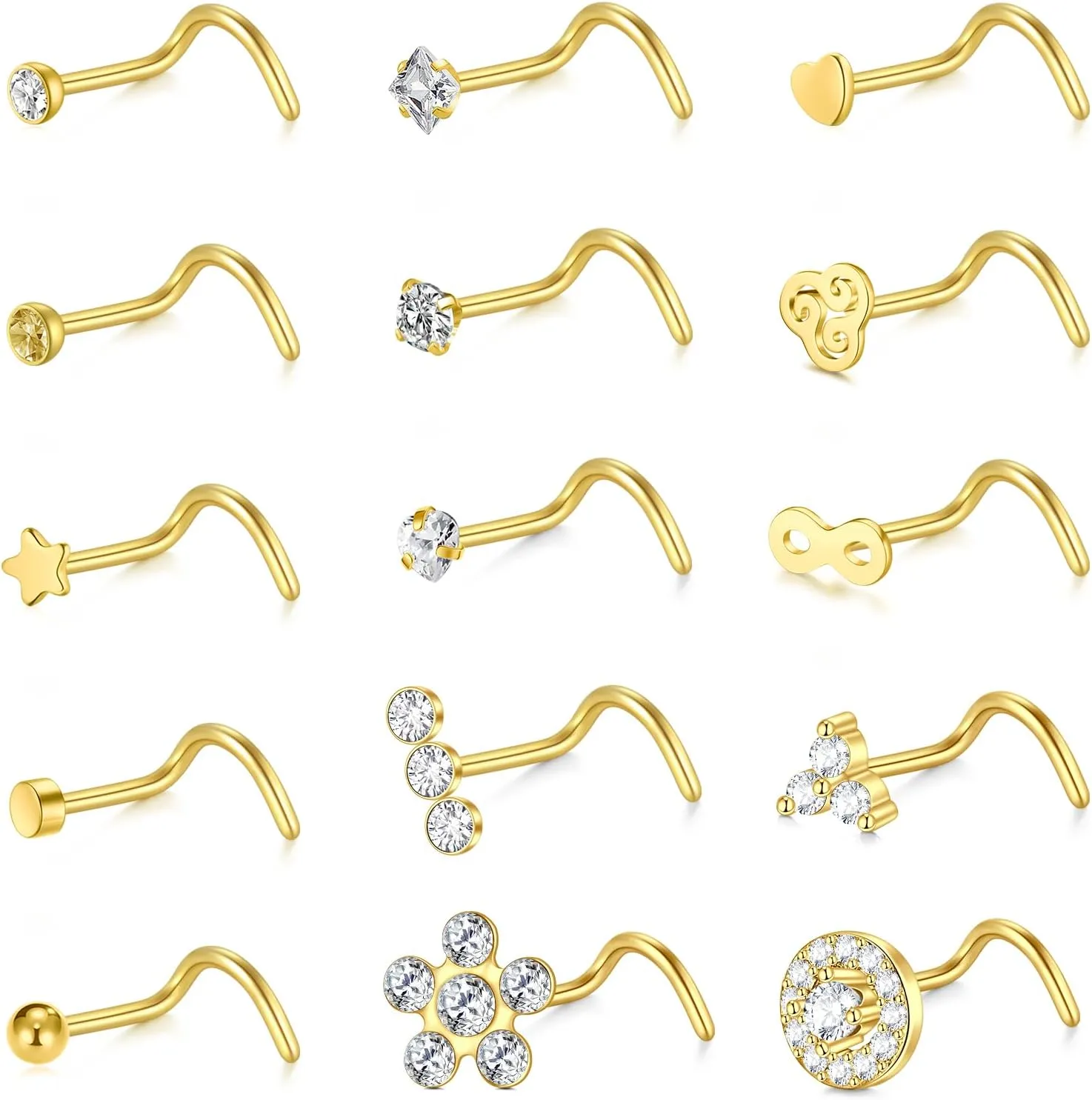 QWALIT Nose Studs & Rings - 18g & 20g Surgical Steel Nose Piercing Studs - Small, Threadless, L-Shaped - 18 & 20 Gauge - Silver, Gold, Black