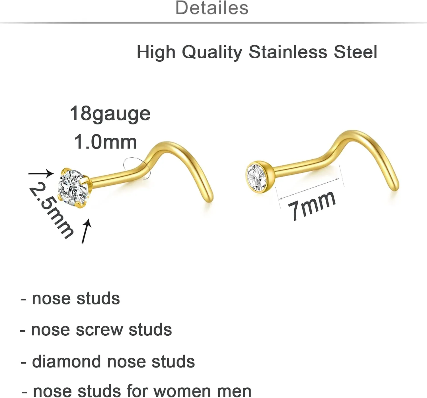QWALIT Nose Studs & Rings - 18g & 20g Surgical Steel Nose Piercing Studs - Small, Threadless, L-Shaped - 18 & 20 Gauge - Silver, Gold, Black