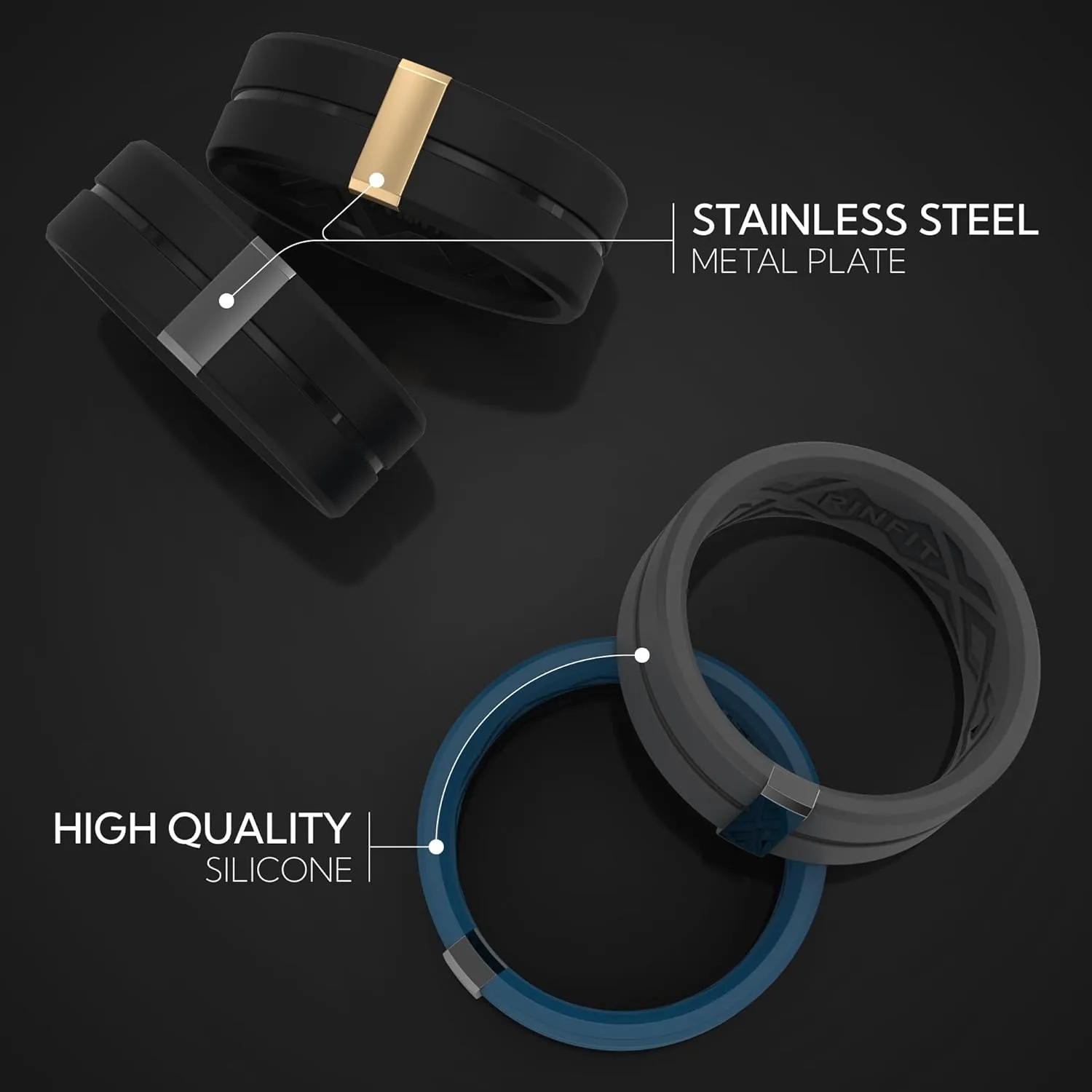 Rinfit Silicone Wedding Band Men - Rubber Ring Men with Stainless Steel Metal Line - MetalBar/SteelLine Patented Design
