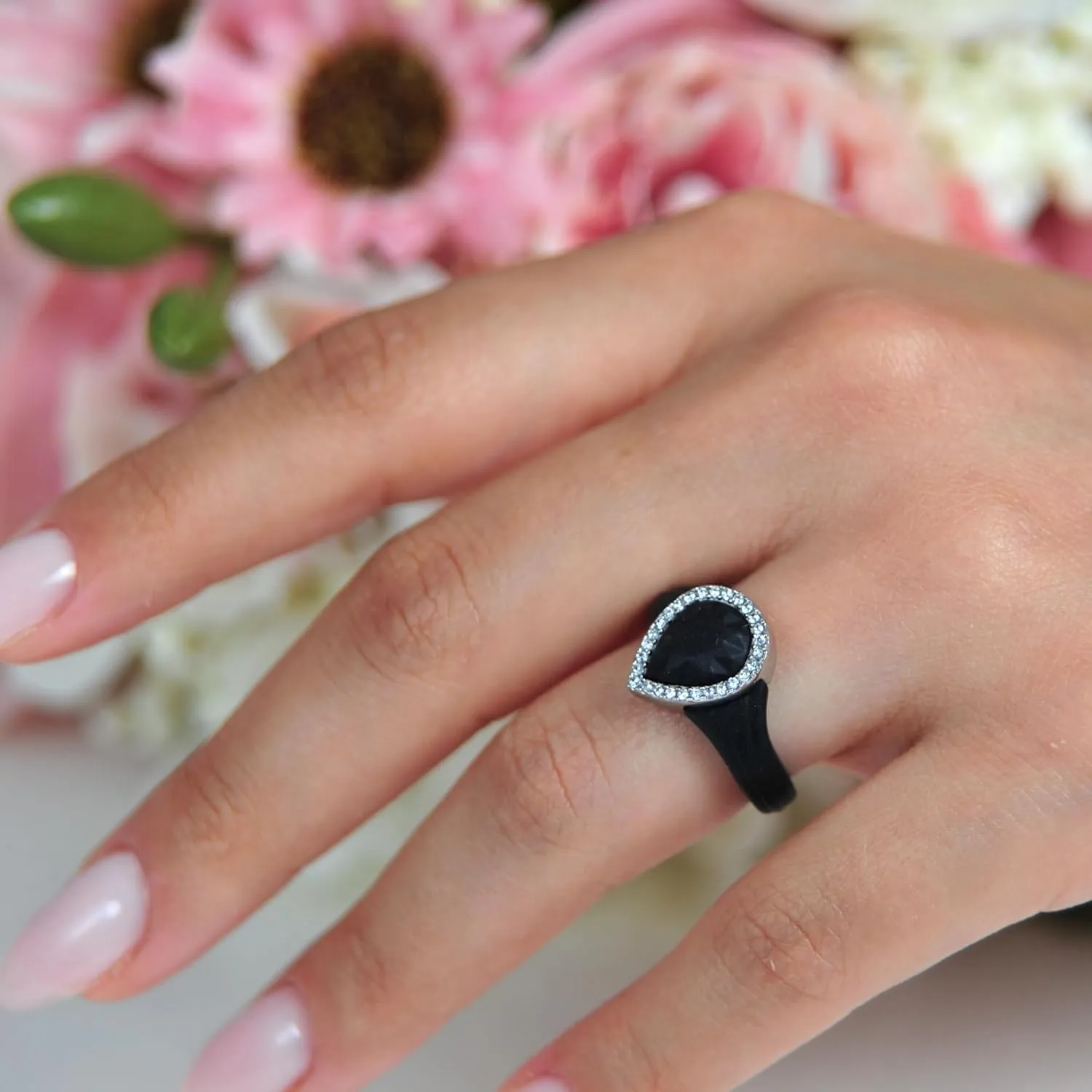 Rinfit Womens Silicone Wedding Ring - Anniversary Ring Women - Promise Rings for Her with Pear Metal Frame & Cubic Zirconia Stones - Patented Design