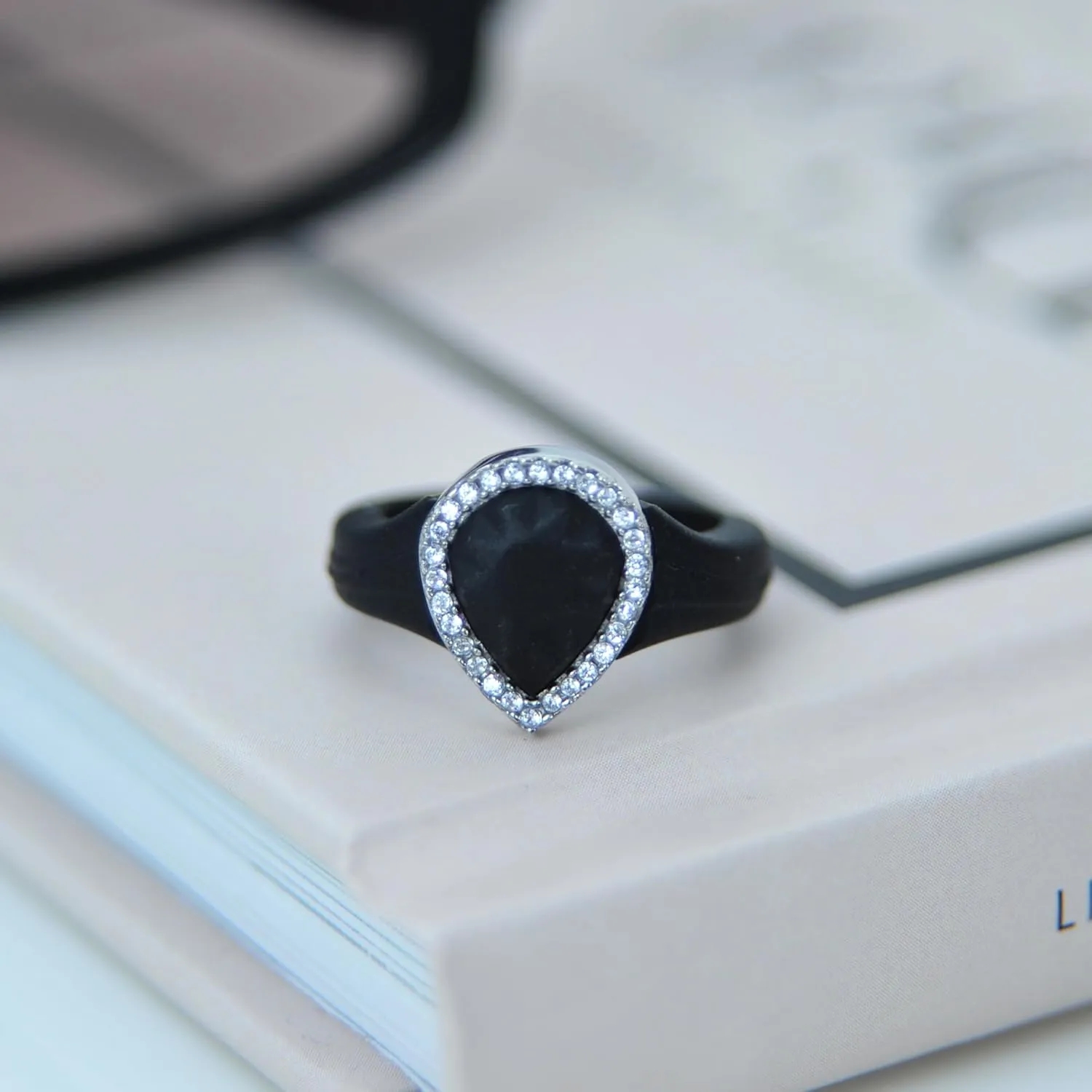 Rinfit Womens Silicone Wedding Ring - Anniversary Ring Women - Promise Rings for Her with Pear Metal Frame & Cubic Zirconia Stones - Patented Design
