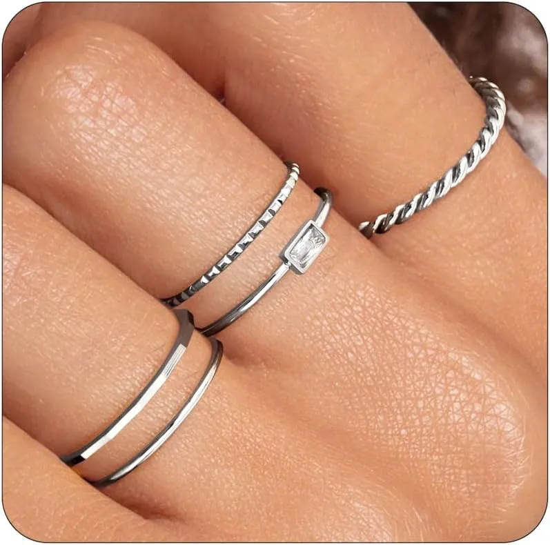sailimue Gold Stackable Rings for Women Non Tarnish - 14K Gold Plated Waterproof Thin Band Ring Set - 1mm Minimalist Stainless Steel Silver Stacking Dainty Trendy Statement Thumb Rings Size 5-11