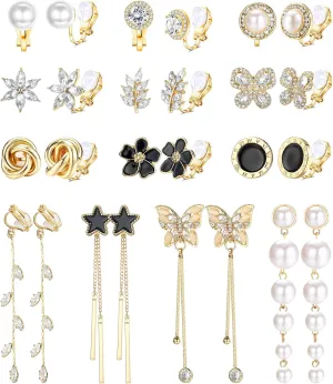 Sanfenly 13 Pairs Clip On Earrings for Women Gold/Silver Non Pierced Clip On Stud Earrings Clip Dangle Earrings Rhinestone Simulated Pearl Butterfly Flower Star Knot Hypoallergenic Clip Earrings Set
