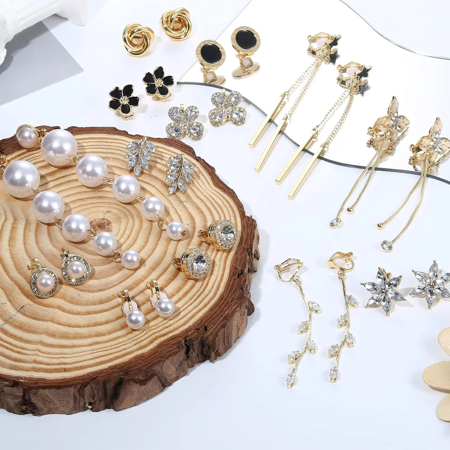 Sanfenly 13 Pairs Clip On Earrings for Women Gold/Silver Non Pierced Clip On Stud Earrings Clip Dangle Earrings Rhinestone Simulated Pearl Butterfly Flower Star Knot Hypoallergenic Clip Earrings Set