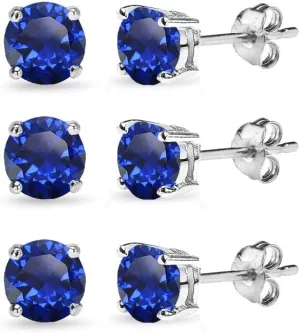 Sapphire Earrings for Women Sterling Silver Trendy Round-Cut Created Blue Gemstone Solitaire Studs for Men Bridesmaids Prom Gift