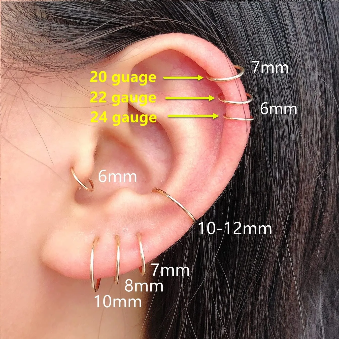 Small Gold Sterling Silver Huggie Hoop Earrings for Women Cartilage Nose Helix Tragus (Gold, 6mm 24 gauge / 1 pair)