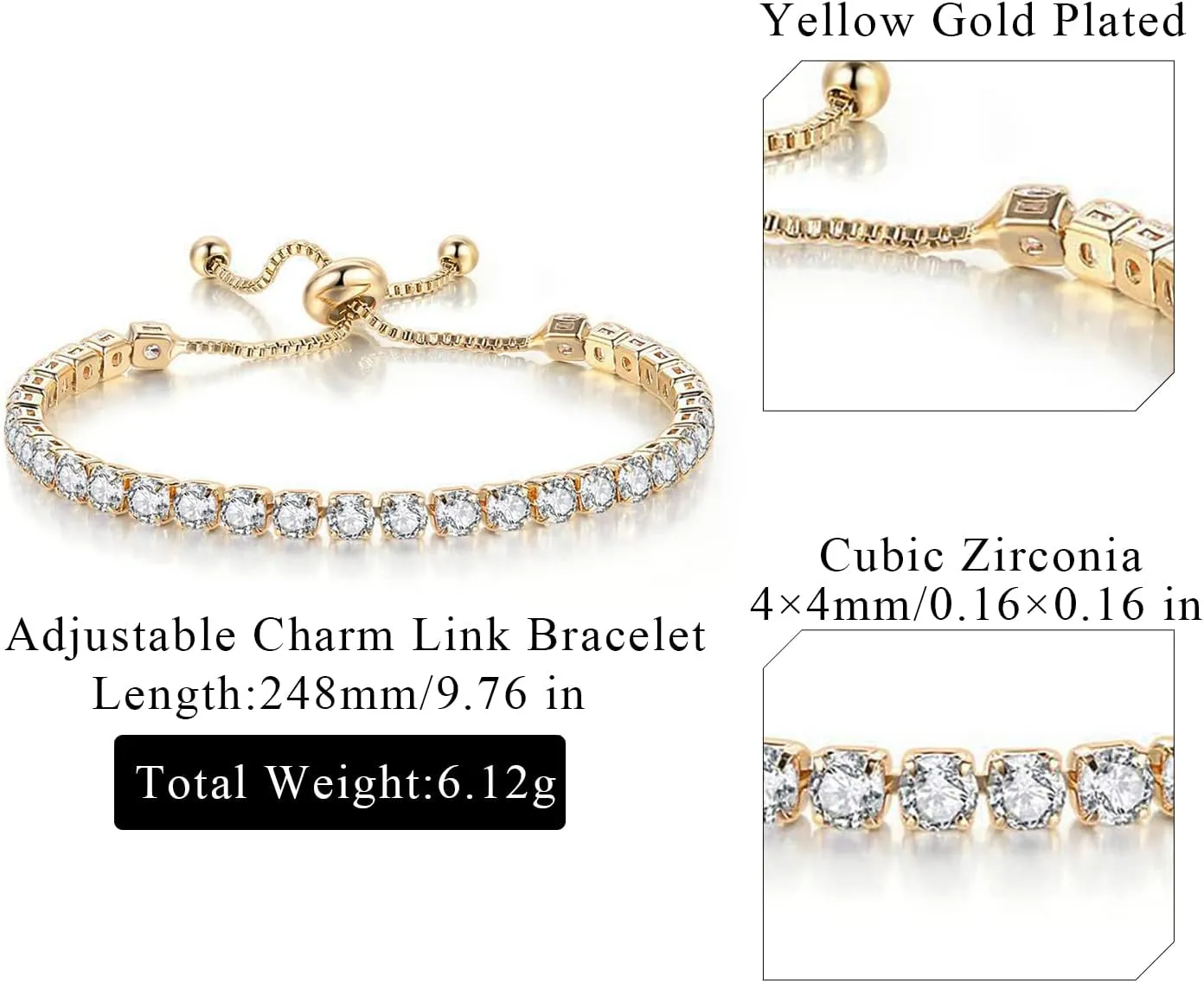 Tennis Bracelets for Women Men Adjustable Charm Link Bracelet 14K Gold Plated Dainty Multicolor Cubic Zircon Bracelets for Teen Girls Crystal Friendship Bracelets Jewelry