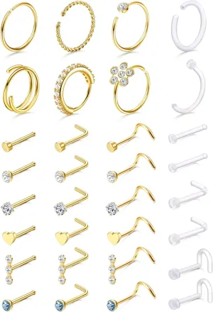 THUNARAZ 32 Pcs Nose Rings for Women Men - Hypoallergenic Surgical Stainless Steel Retainer Clear L Shape/Straight/Corkscrew Nose Rings Hoops Cartilage Helix Tragus Piercing Jewelry 18G/20G