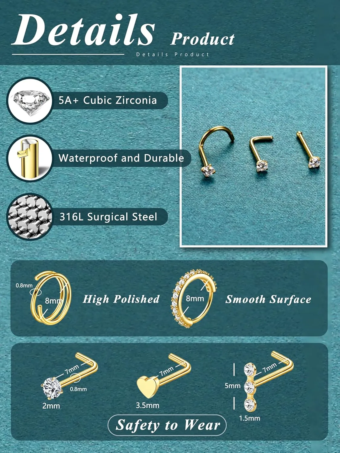 THUNARAZ 32 Pcs Nose Rings for Women Men - Hypoallergenic Surgical Stainless Steel Retainer Clear L Shape/Straight/Corkscrew Nose Rings Hoops Cartilage Helix Tragus Piercing Jewelry 18G/20G