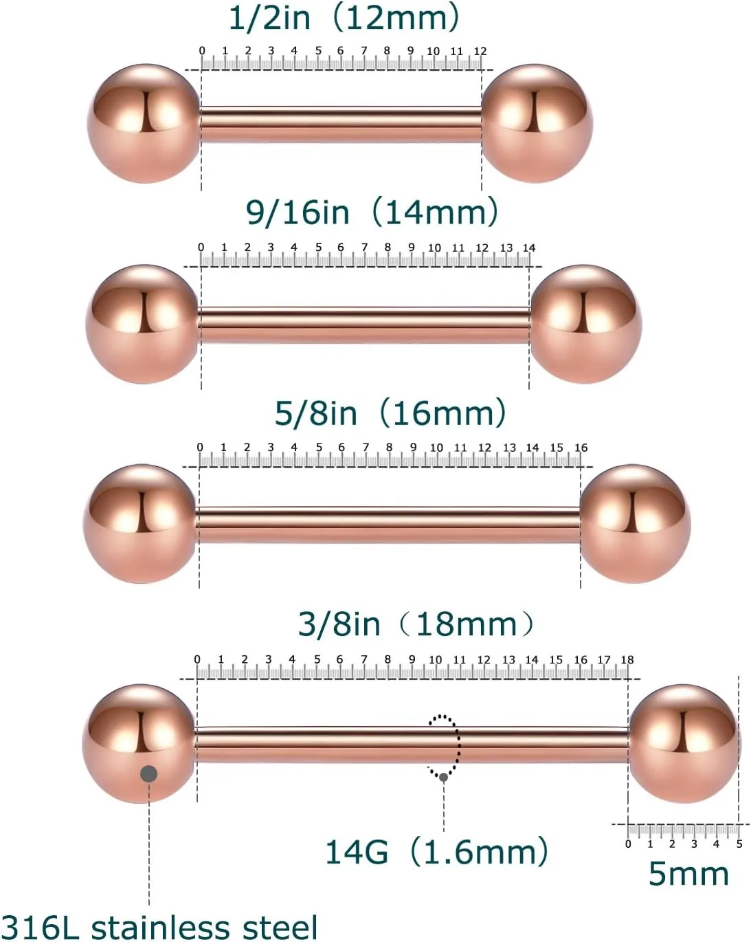 VCMART Nipple Rings Tongue Rings Stainless Steel 14G Straight Barbells Piercing Jewelry 12mm,14mm,16mm,18mm